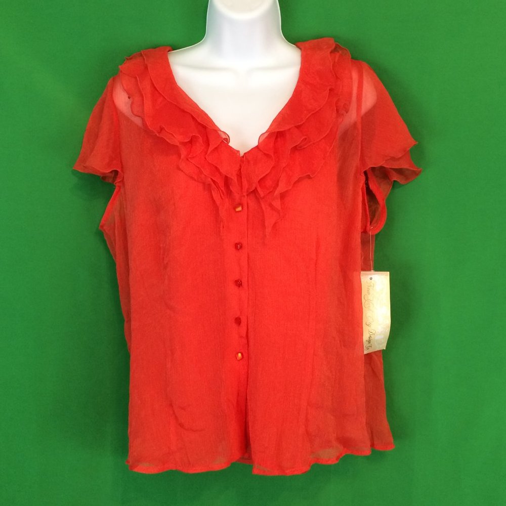 NWT New York City Design Orange Coral Ruffle Sheer‎ Blouse with Attached Tank XL